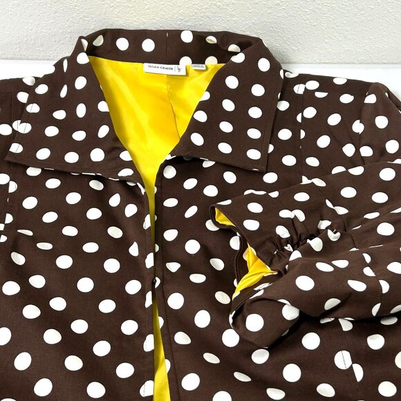 Susan Graver Sateen Jacket Size 3X Brown White Polka Dot Ruched Sleeve Pockets - Picture 11 of 16